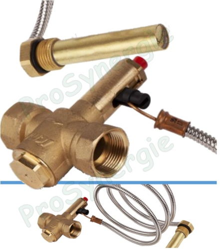 Soupape de sécurité thermique ICMA pour échangeur de sécurité (type 543) raccord ØF 3/4´´ - ouverture à 95°C (maxi 110°C / 10 bars / 100KW) + Sonde ØM 1/2´´ long. 152mm  capillaire long. 1.3m