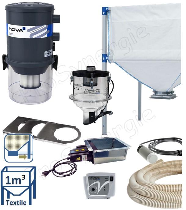 Kit automatique transfert de granulés à partir du bas d´un silo de stockage textile (1m³) avec une cassette à débourrage + registre, vers le remplissage d´un poêle/chaudière avec un doseur et aspirateur filtrant