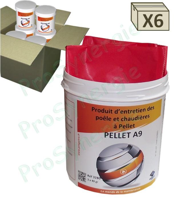 Pellet A9 - Carton de 6 pots de 3 doses (sachet) de 40 grammes de pastilles ramonage chimique curatif et préventif (réduction des bistres et goudrons par modification de son état : solide -> friable) 