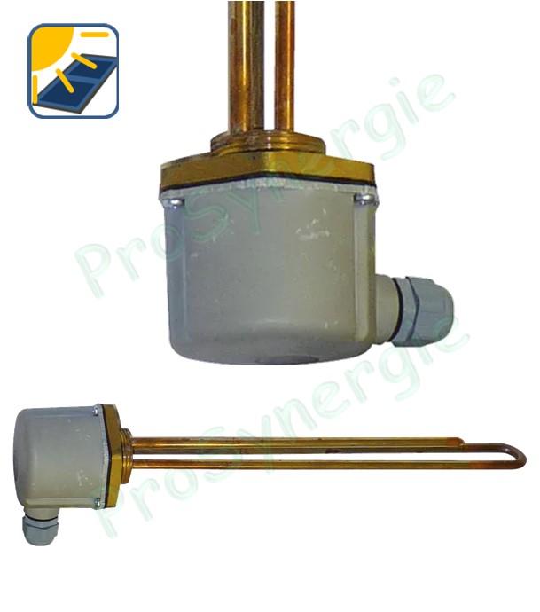 Résistance électrique 230V (thermostat + sécurité sous capot) IP65 1500W Longueur 340mm pour ballon d´eau chaude ou bouteille Raccordement ØM 1´´1/4 pour capteur Stratos®