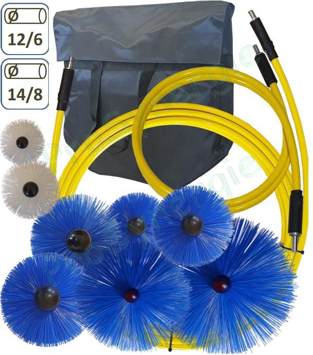 Kit de brossage réseau ventilation comprenant deux câbles rotatifs Ø 12/6 mm et Ø 14/8 mm + Huit brosses Ø 80-125-160-200-250-315-355 et 400 mm