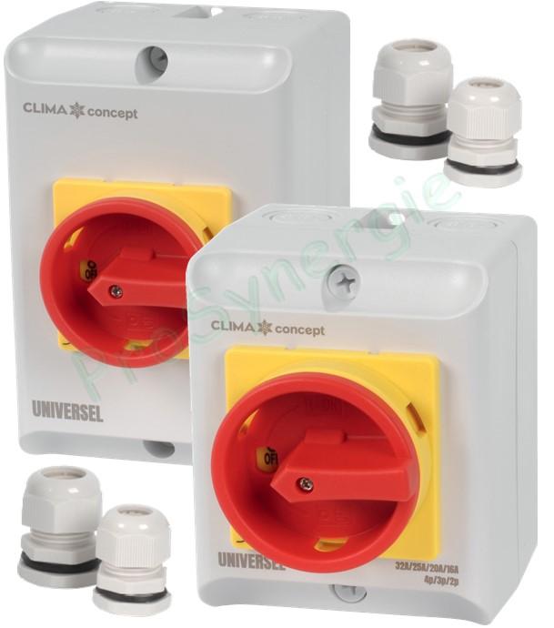 Interrupteur de proximité universel - IP65 EN 60947-3 - 16/20/25/32 A - 2/3/4 Pôles avec presse étoupe