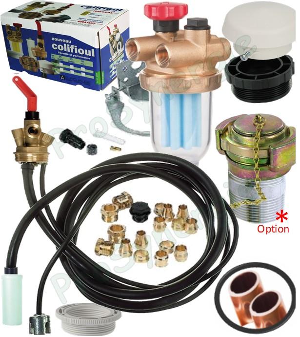 Kit Colifioul bitube pour cuve (ensemble vanne police soutirage à flotteur, filtre AR 500 et accessoires raccords ventilation remplissage)