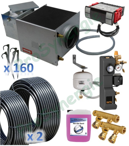 Kit puits géothermique Echangeur hydraulique deux couronnes (environ 2KW) avec pompe et sécurité + batterie avec filtre à air Ø160mm et régulation