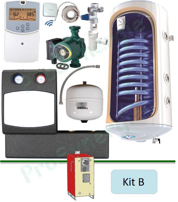 B - Kit option production d'eau chaude sanitaire (sur l'installation chauffage) - Ballon 150 litres échangeur / Elec. + module hydraulique DN25 et régulation climatique 2 circuits