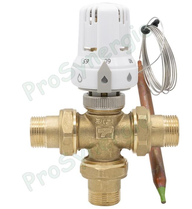Vanne de mélange relève de température (à piston) 3 voies + 3 raccords démontables ØM 1  + Tête thermostatique M30x1.5 T° 60 à 90°C