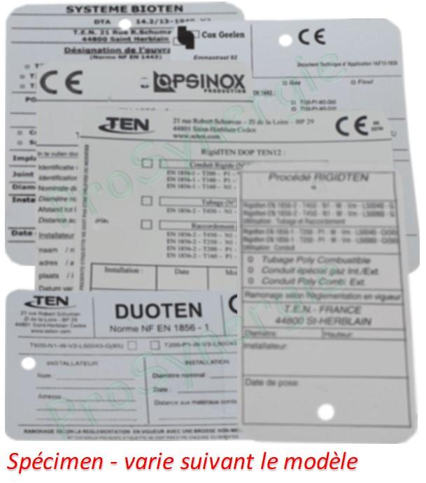 Plaque signalétique pour mise en conformité (produit et installation suivant DTU 24.1) Pour conduit ou tubage COX PP-ALU - Installation obligatoire en pied de conduit de fumée