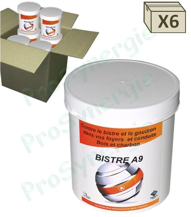Bistre A9 - Carton de 6 pots de 1 Kg poudre ramonage chimique curatif et préventif (réduction des bistres et goudrons par modification de son état : solide -> friable) 