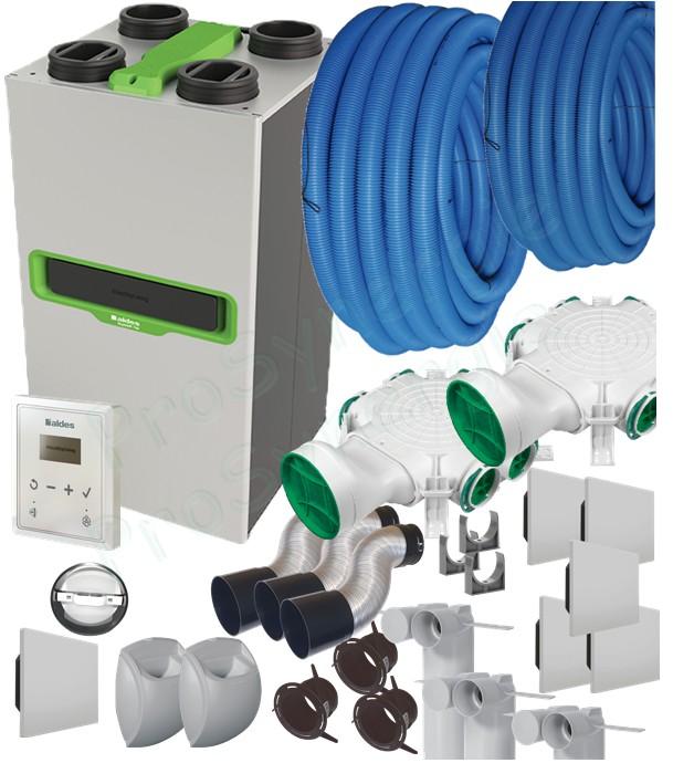 Kit Ventilation Double flux Aldes InspirAIR® Top 300 Classic ou Prémium + Télécommande + ensemble 3+5 bouches + 2 répartiteurs + Flexigaine 2x 50m Ø75mm