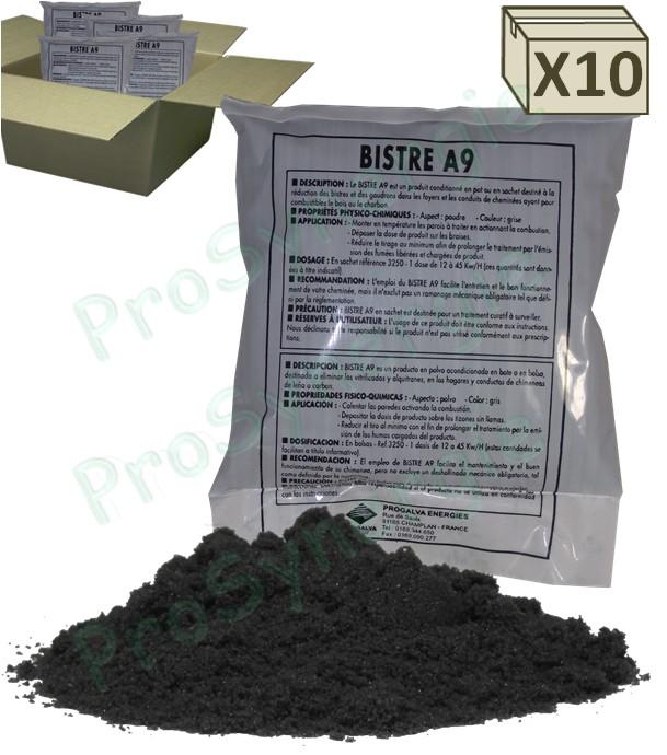 Bistre A9 - Carton de 10 doses (sachet) de 450 grammes poudres ramonage chimique curatif et préventif (réduction des bistres et goudrons par modification de son état : solide -> friable)