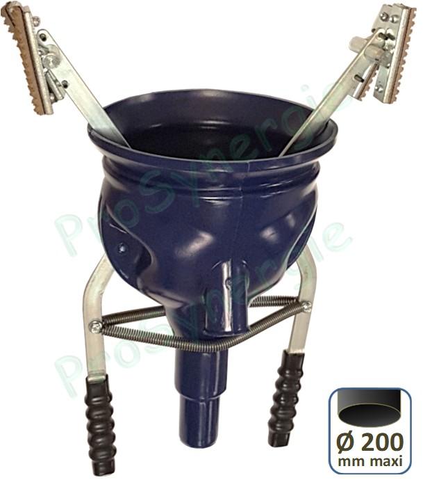 Entonnoir Capte suie conique pour conduit de fumée Ø 100 à 200 mm avec raccordement aspirateur Ø 40 ou 50 mm et passage latérale Ø 30mm pour canne de ramonage