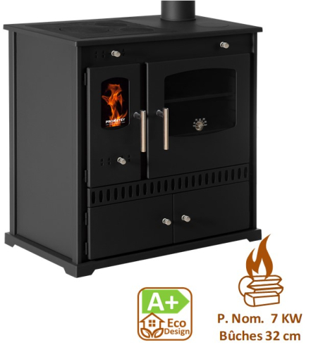 Perfect Eko - Cuisinière à bois, ecodesign, classe A+, Puissance nominale 7 kW, Min/Max 5,5/9,5 kW, Rendement 83,63%, LxPxH = 810x460x800, plaque de cuisson acier,  Ø conduit de fumées 130 mm