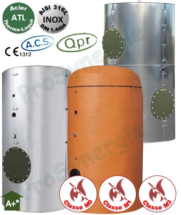 Ballon +Eco Tampon ECS 1000 Litres Vertical sur pieds ATL T<85°C -2 trous d´homme DN 400 Isolant Classe M3 ép.100mm - HxØ=1975x1100mm