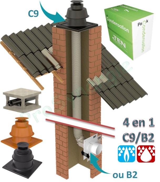 Pack condensation 4 en 1 (Plafond / Mural - C9 / B2) avec flexible PP Ø 80 mm et raccordement concentrique Ø 80/125 mm